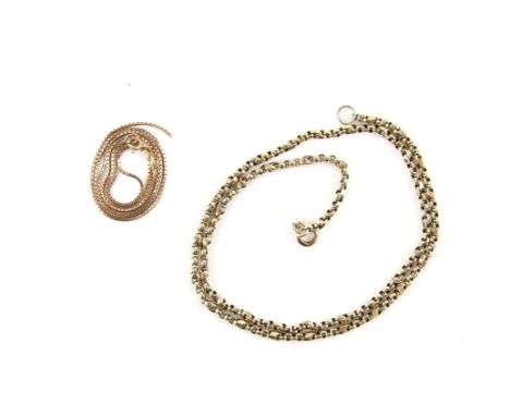 Two gold chains, one facetted belcher and fancy link chain, testing as 9 ct, with a gold plated bolt ring clasp, measuring 48