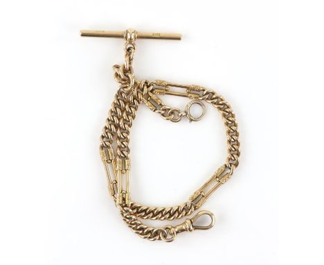 An antique fancy link Albert chain designed as sections of curb link chain, separated by an elongated link with engraving det