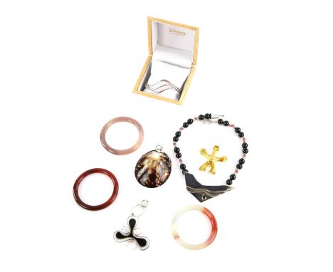 Silver bangle by Swag jewellers in original box, an agate hardstone bangle and two other hardstone bangles, silver necklace w