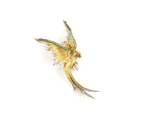 Parrot brooch, designed as a parrot sat on a perch with its wings spread, set with diamonds, sapphire and emeralds with a cab