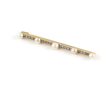 Edwardian pearl and diamond bar brooch, set with five bouton pearls, measuring from 4.7-5.9mm, on a rose cut diamond set bar,