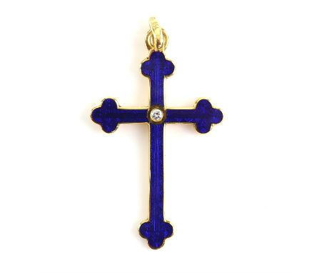 Faberge, Victor Mayer collection, enamel and diamond cross pendant.  Blue enamel cross with a central round brilliant cut dia