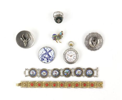 Mixed group of silver and costume jewellery, including a Joop Schilt Holland ceramic and silver painted brooch, two brooches 