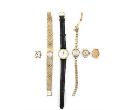 A Ladies  gold dress watch , the unsigned silvered dial with baton hour markers, within a square case with integral bracelet 