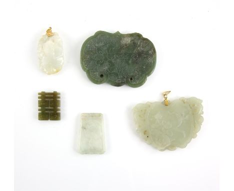 A jadeite jade pendant, with carved gold fish and lily pads,  with gilt metal bail, 6 x 3cm, with another jade pendant with a