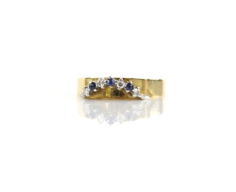 Vintage sapphire and diamond dress ring, set with round cut sapphires and single cut diamonds, mount stamped 18 ct, ring size