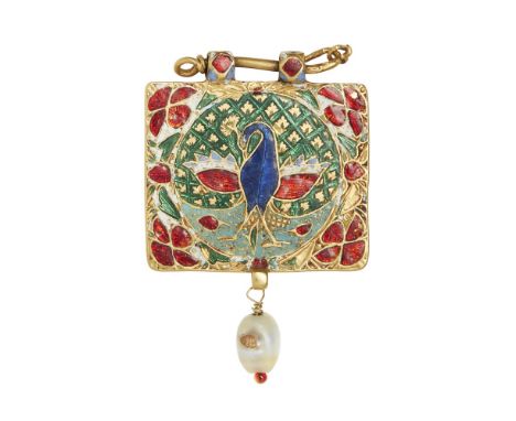 An Indian freshwater pearl and enamelled pendantrectangular, enamelled in white, translucent red, green and blue enamel to on