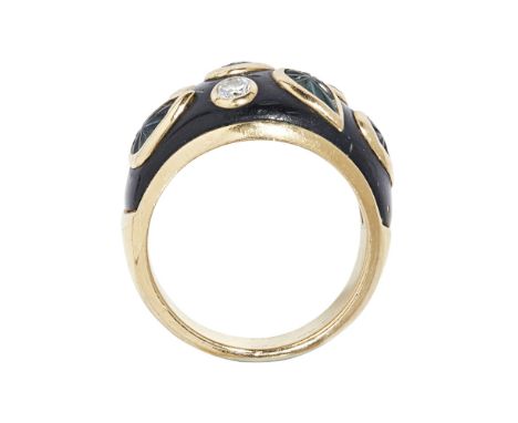 A enamelled sapphire and diamond set ring, Cartierof bombé form, gypsy set with carved pear shaped fancy sapphires and round 