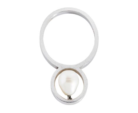 A 1980s 18ct white gold and set pearl ring, Grimathe oval band with applied oval ring suspending a pearl drop, singed 'GRIMA'