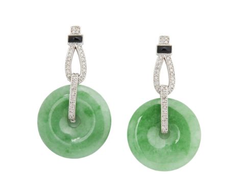 A pair of Art Deco style jade and diamond set earringseach composed of a bi-disc with two interlinked loops pavé set througho