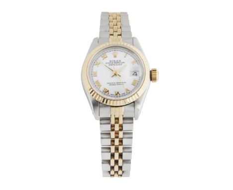 A lady's gold and stainless steel wrist watch, RolexOyster perpetual Datejust, Ref. 69713, white face, sweep second hand with
