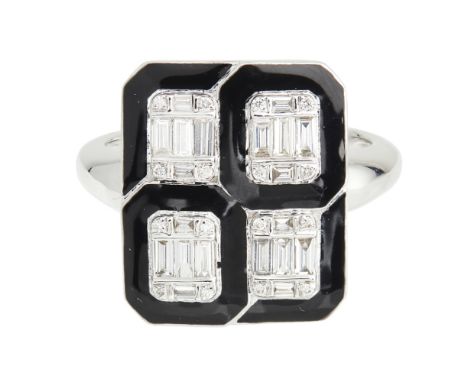A diamond and enamel plaque ringset with four clusters of five baguette cut diamonds and four small round brilliant cut diamo