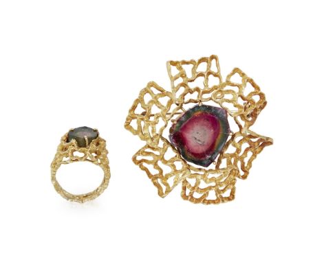 A tourmaline set brooch and matching ring, H. Sternthe brooch set with a polished slice of watermelon tourmaline crystal, in 