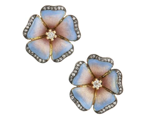 A pair of diamond set and enamelled floral earringseach modelled as a flower in bloom, the petals with blue and pink enamel a