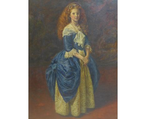 Grimshaw, a full length portrait of a girl with auburn hair, oil on board, in ornate pierced floral giltwood frame, 58 x 43cm