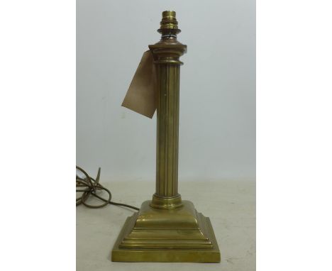 A 19th century, brass column table lamp on squared plinth base, 41.5cm 