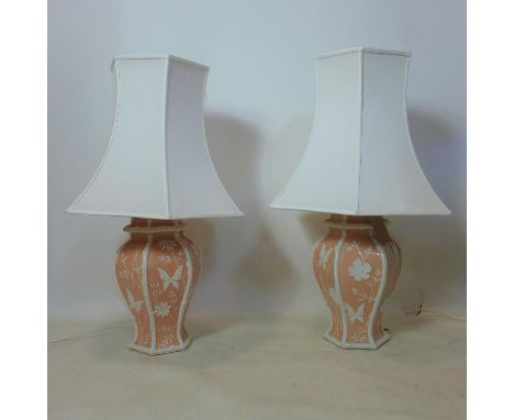 A pair of Italian ceramic table lamps with shades, H.39cm 