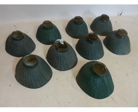 A set of 9 vintage green painted mercury glass light shades by X-Ray, with fittings 