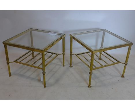 A pair of 20th century brass lamp tables with glass tops, H.41 W.46 D.46cm 