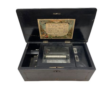 Late 19th century Swiss six air musical box with lithographed tune sheet, comb and cylinder movement in inlaid case W37cm
