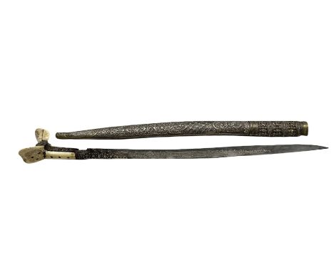 19th century Turkish Yataghan sword, the slightly curved 60cm blade with engraved decoration and with floral panels, two piec