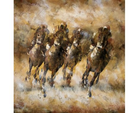 R Sanford (British contemporary): Horse Racing, oil on canvas signed 75cm x 75cm