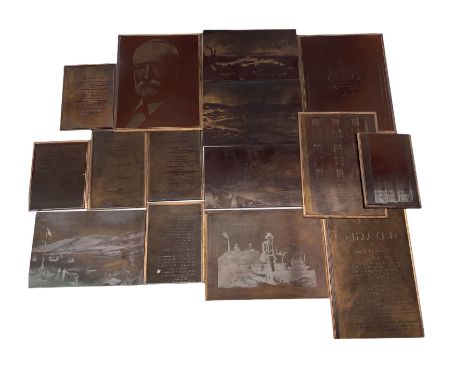 Collection of fifteen copper printing plates including frontispiece of The Dynasts by Thomas Hardy 1908, other frontispieces,