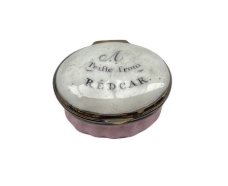 18th century Bilston enamel patch box 'A Trifle From Redcar', L4cm 