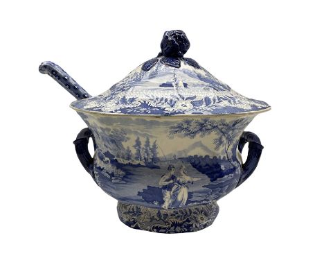 19th century Brameld blue and white transfer printed soup tureen with ladle decorated in the 'Castle of Rochefort' pattern L3