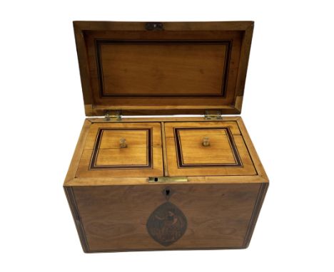 George III satinwood tea caddy with rosewood banding, the front inlaid with a navette shape panel depicting Britannia, the in
