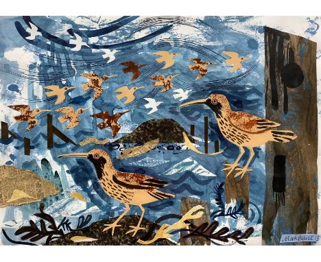 Mark Hearld (Scottish 1974-): Seabirds, mixed media collage on paper signed and dated '13, 59cm x 42cm