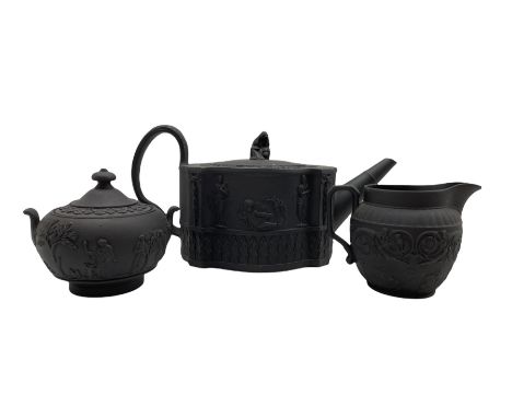 19th century black basalt teapot with female knop handle and the body moulded with Classical figures H13.5cm, together with m