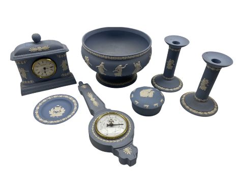 Wedgwood Jasperware Barometer, mantle clock, pair of candlesticks, Peter Rabbit jar and cover, footed fruit bowl and City of 