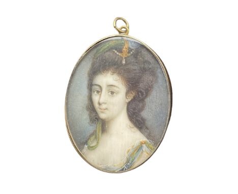 19th century small oval miniature head and shoulders portrait on ivory of a lady with a jewel in her hair 5cm x 3.75cm