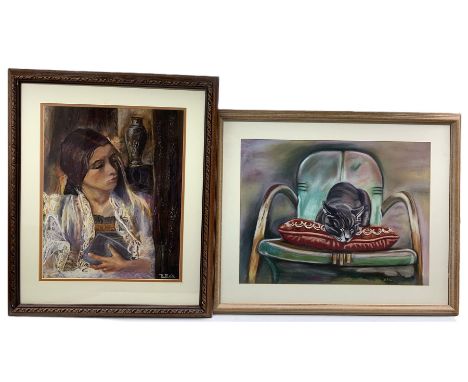S Doherty (British 20th century): Sleeping Cat, pastel signed together with English School (contemporary): Portrait of a Lady