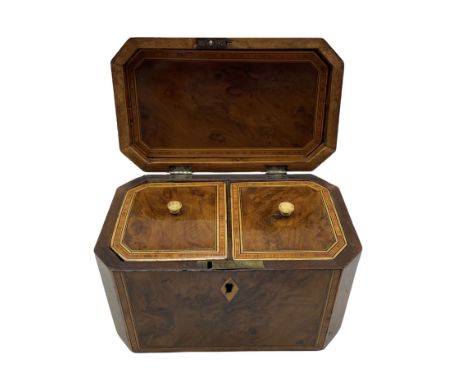 Early 19th century burr yew wood tea caddy of oblong form with canted corners and satinwood crossbanding, the interior with t