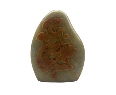 Chinese  hardstone seal of tusk form carved with amber coloured dragon and dog of Fo and with seal to base H10cm 