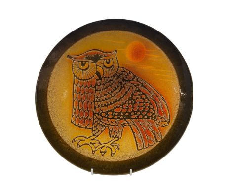 Poole pottery charger decorated with an Owl on orange ground, signed J. F. Williams D35cm 