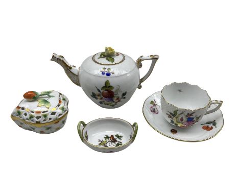 Herend bullet shape teapot decorated with flowers and with bud lift, Herend cup and saucer with fruit and flowers, Herend lim