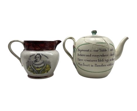 18th century cream ware bullet shape tea pot, the cover with bud lift and painted with butterfly and flowers, the body with p
