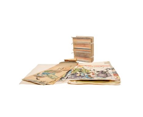 Gemischtes Konvolut ca. 18-tlg. JAPAN, um 1900: 1 Bilderbuch und 17 Farbholzschnitte. Altersspuren, tlw. besch.| Mixed lot ap