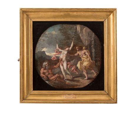 NACHFOLGER VON ANDREA MELDOLLA, "Apollo und Daphne", Öl auf Leinwand/Holzplatte, HxB: 32x33 cm. Rest. Rahmen, HxB: 43x42 cm. 