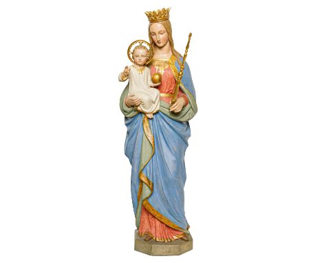 NAZARENER "Madonna mit dem Christuskind", 2. Hälfte 19. Jh., Holz vollgeschnitzt, Madonna auf Sockel stehend, das linke Bein 