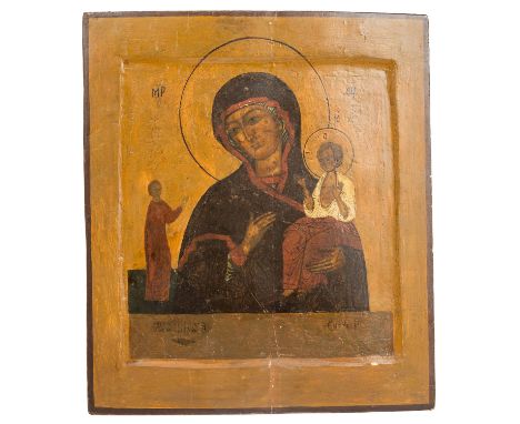 IKONE "Angebetete Gottesmutter und Kind", Russland 18./19. Jh., Tempera über Kreidegrundierung auf Laubholztafel (Rückseitens