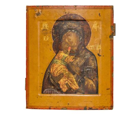 IKONE "Gottesmutter von Wladimir", Russland Ende 18. Jh., mit Bezeichnung in Kirchenkyrillisch, Tempera über Kreidegrundierun