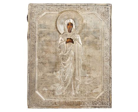 IKONE mit OKLAD "Stehende Gottesmutter", Russland Ende 19. Jh./Anf. 20. Jh., die Ikone: Tempera über Kreidegrundierung auf La