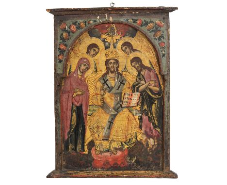 IKONE mit erweiterter Deesis, Südosteuropa 18./19. Jh., Darstellung des thronenden Christus unter Gottvater in Wolken, flanki