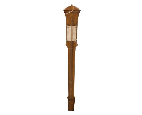 A GERMAN WALNUT STICK BAROMETER BY J. ORGIAZZI, OFFENBURG, with glazed register in French and German text, with mercury fille