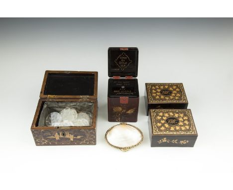 A PAIR OF JAPANNED LACQUER BOXES AND COVERS, late 19th century, of rectangular form, each initialled and decorated with gilt 