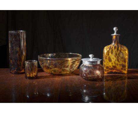 A COLLECTION OF SMOKED AMBER GLASSWARE, comprising a large circular bowl. 28.5cm diameter; a cylindrical vase. 27.3 cm high; 